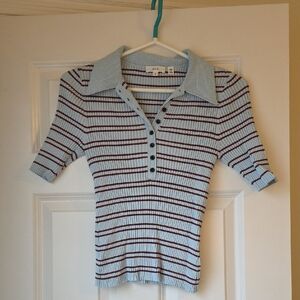 A.L.C. Light Blue Polo Knit with Burgundy Stripes